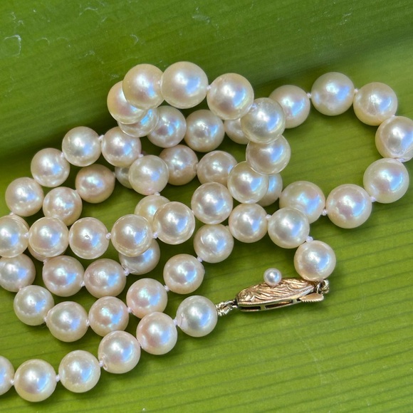 Tasaki Jewelry - Vintage 14K yellow good clasp 
8.50MM Tasaki 21” Cultured Akoya Pearl Necklace